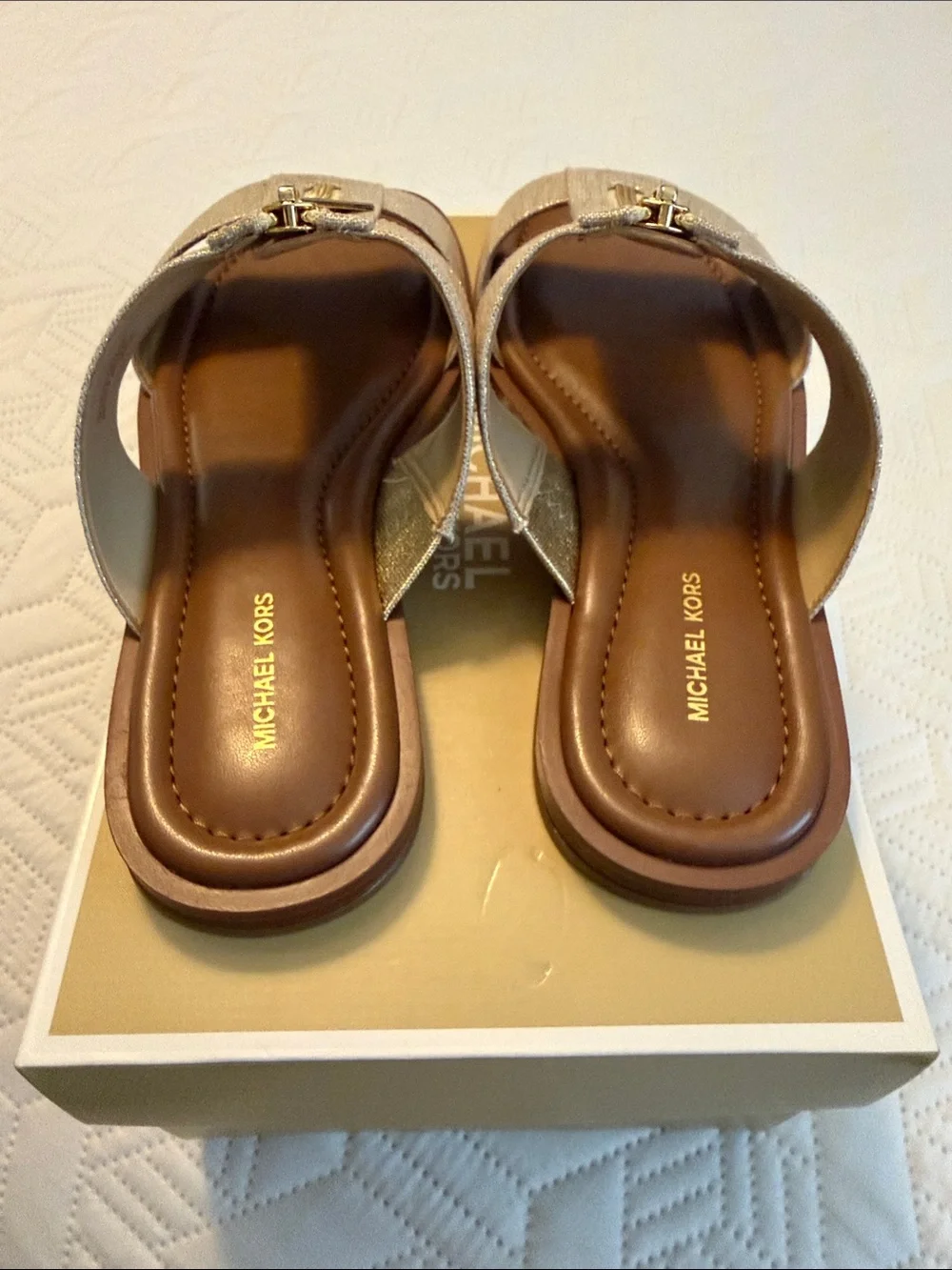 Michael Kors Pale Gold Metallic Zip-Front Slide Sandals